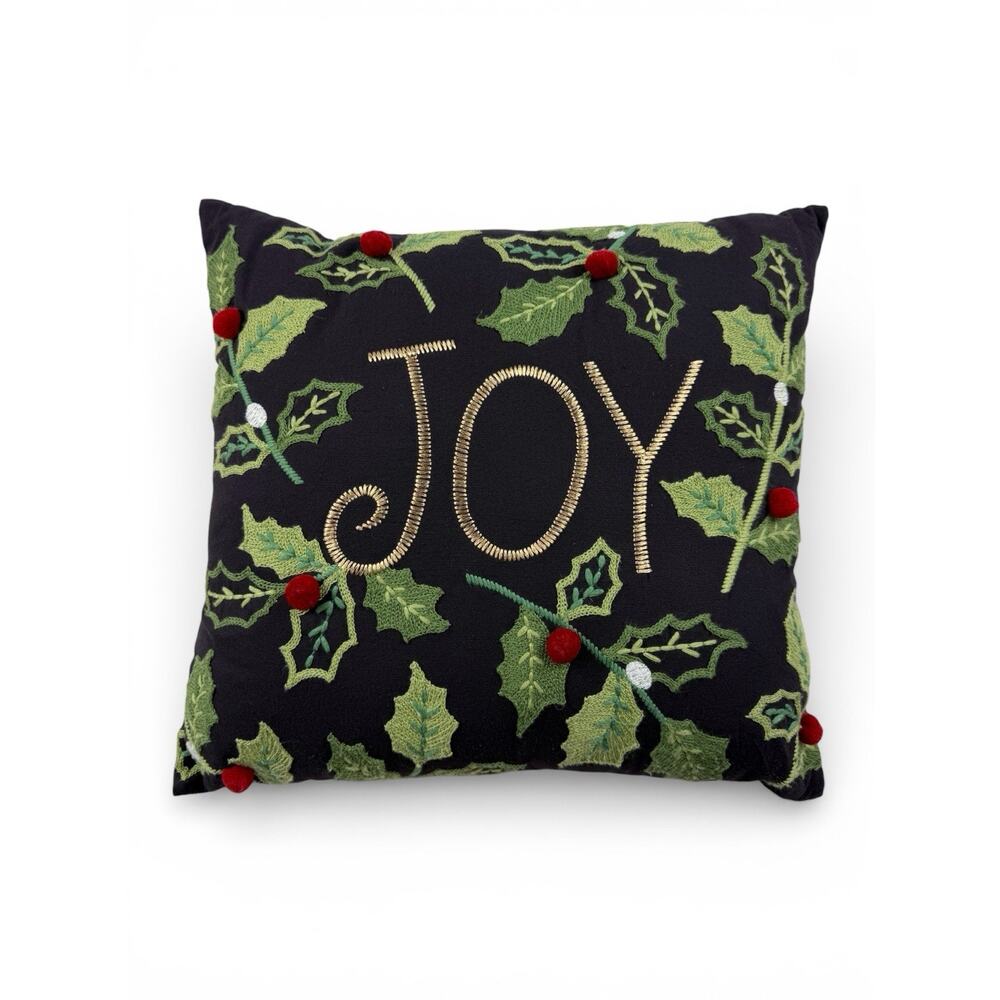 Pier 1 Imports Pillow JOY Embroidered Holy Berry Christmas Decor 15X15 Black Red